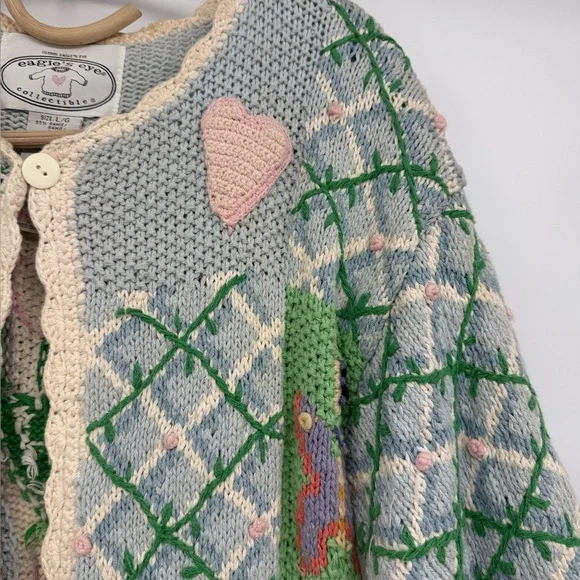 Vintage Crochet Storytelling Spring Bunny Chicks Cardigan Size L Eagle Eye 1995 - Picture 15 of 16